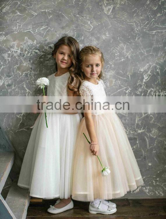 White Tulle Lace Cap Sleeve Kids Clothing Wholesale Flower Girl Dress Bridesmaid Robes