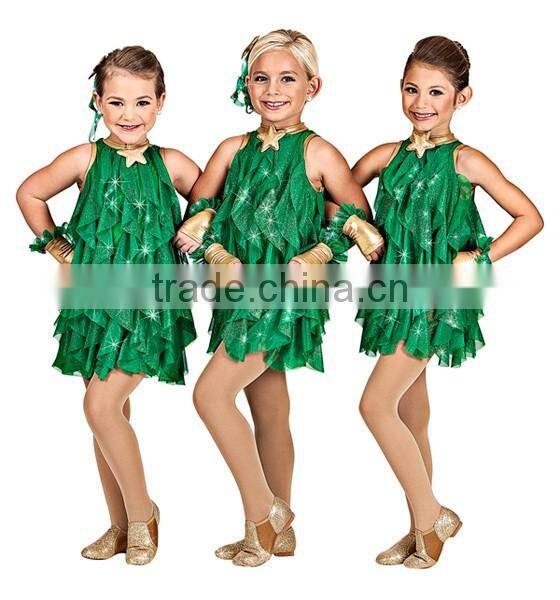 2016 New Design -kids western Forest green features glitter sleeveless dress