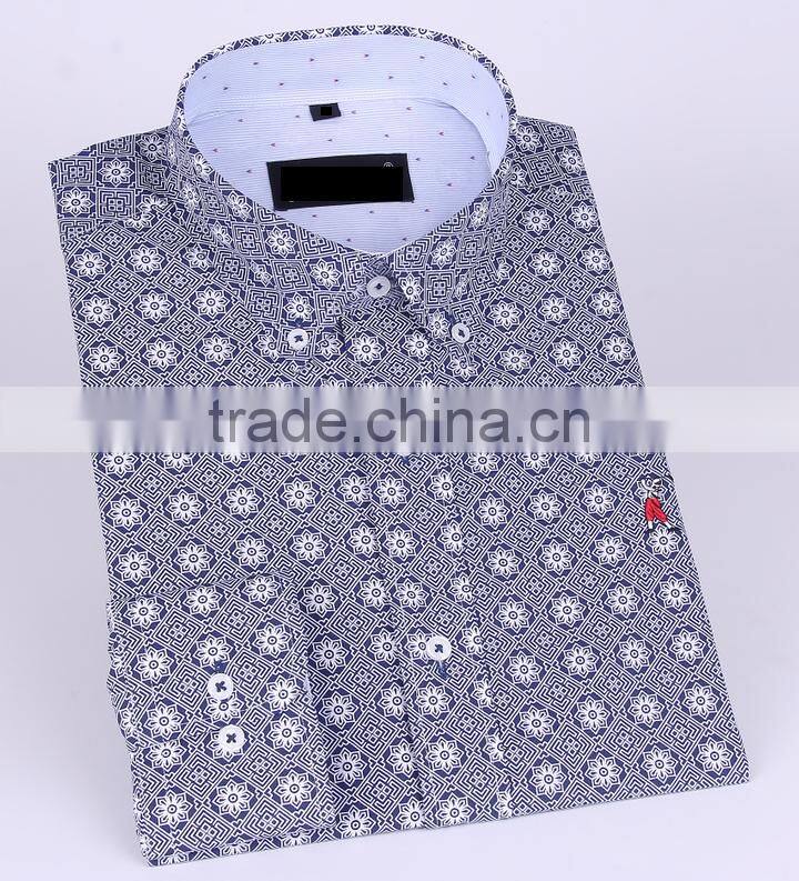 2017 men's long sleeve graphic printed slim fit shirt with contrast collar and cuff