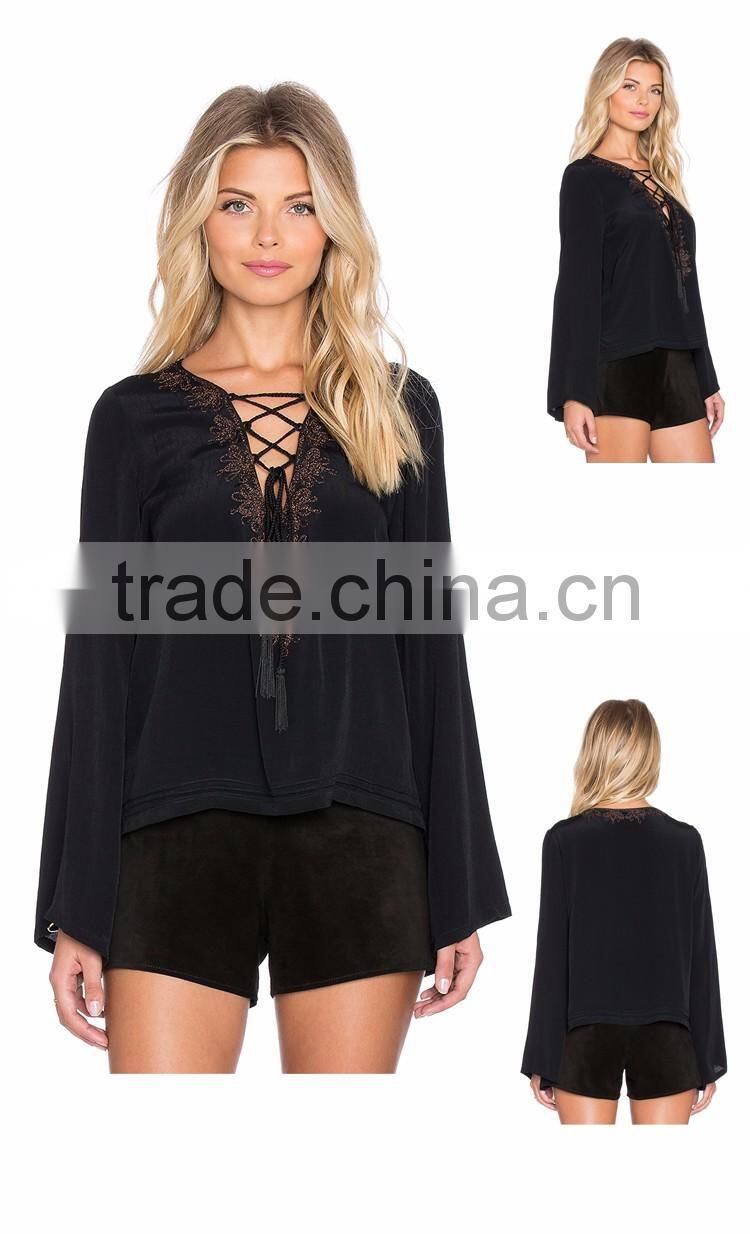 2016 New Top Fashionable Patch Work Lace Up Blouse Designs