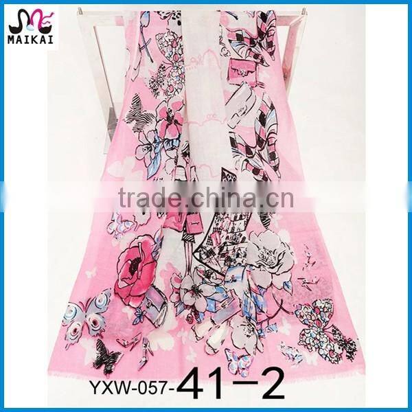 Soft blue floral printing natural 100% wool korea scarf