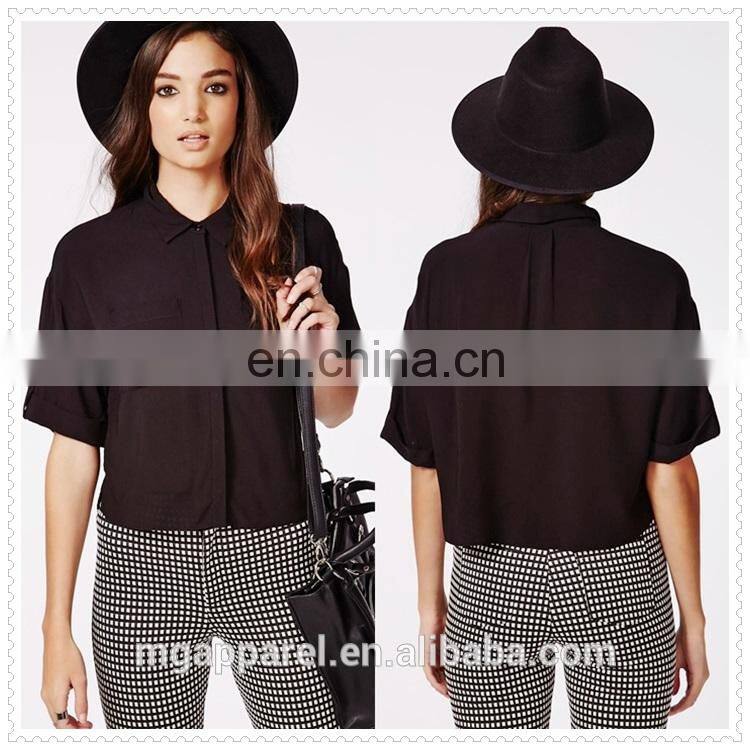 New fashion ladies plain black cropped blouse simple designs