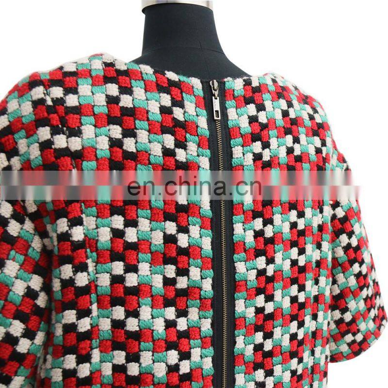 Women high quality fashion middle length sleeve wool check winter dress