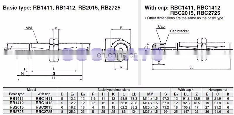 Pneumatic Air Cylinder Shock Absorber RB1412 O.D. thread size 14mm Stroke 12mm SMC type Buffers with cap