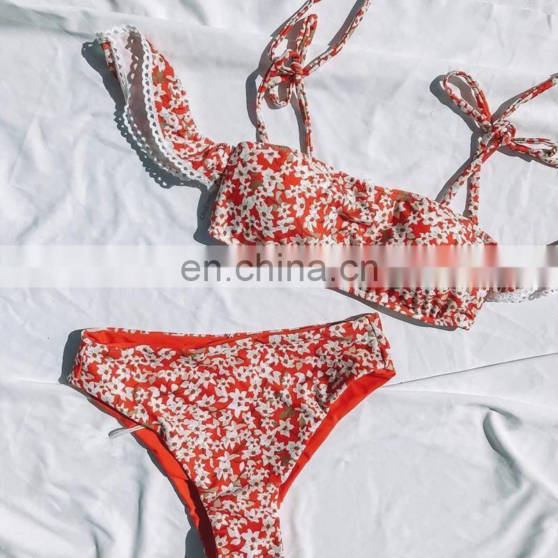 2019 Sexy High Waist Swimsuit Women Lace Bikini Off Shoulder Bikinis Swimwear Red Print Biquini Bathing Suit Beachwear