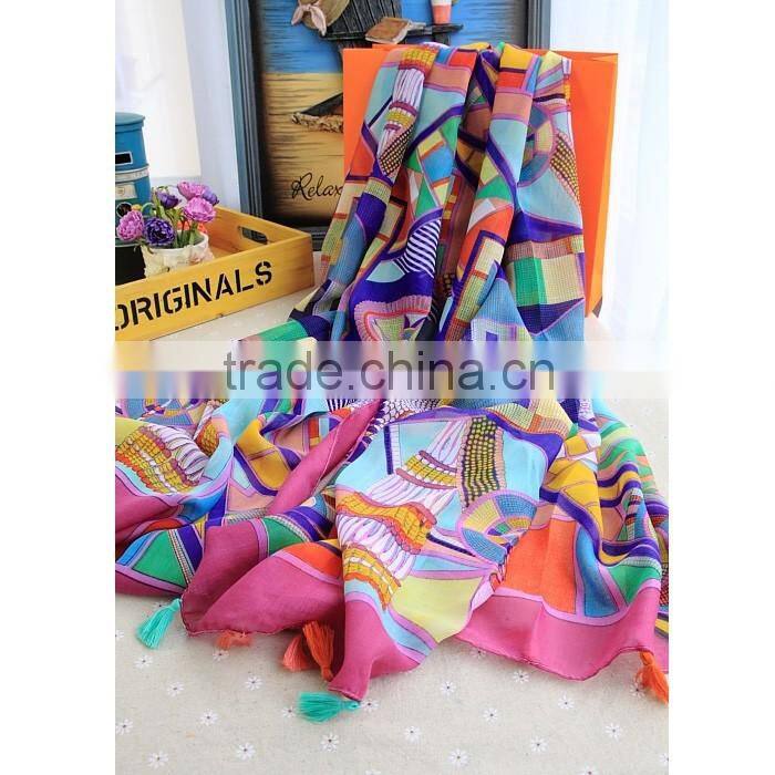 Colorful Tassels Printed Women Lady Daily Holiday Travelling Pashmina Shawl