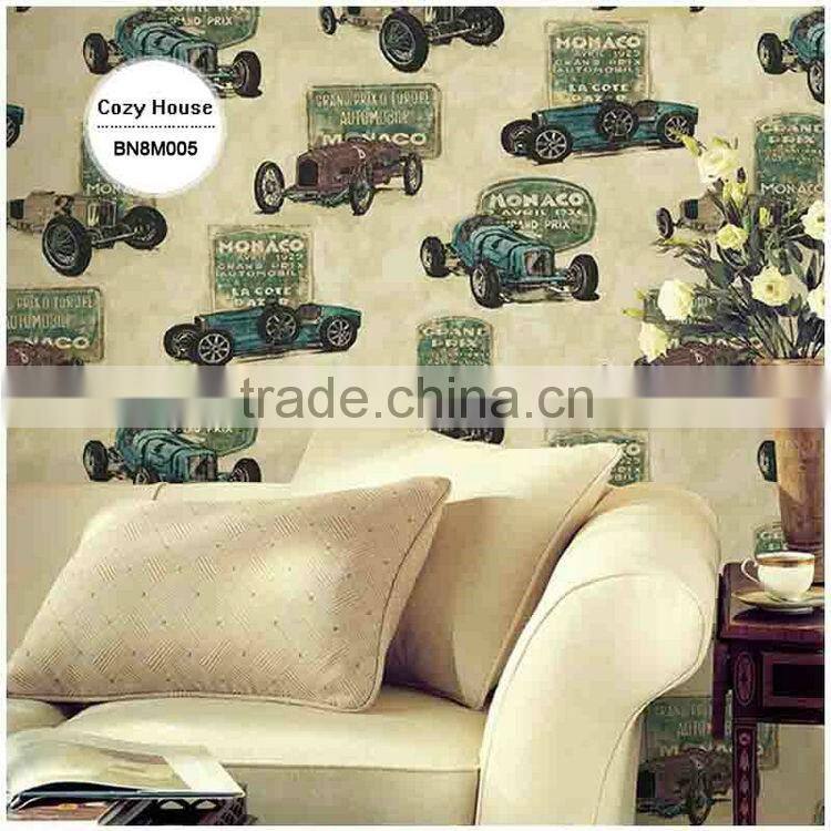 hot printing pvc wallpaper, yellow for kids cars wall mural for kids room , creative wallcovering shop