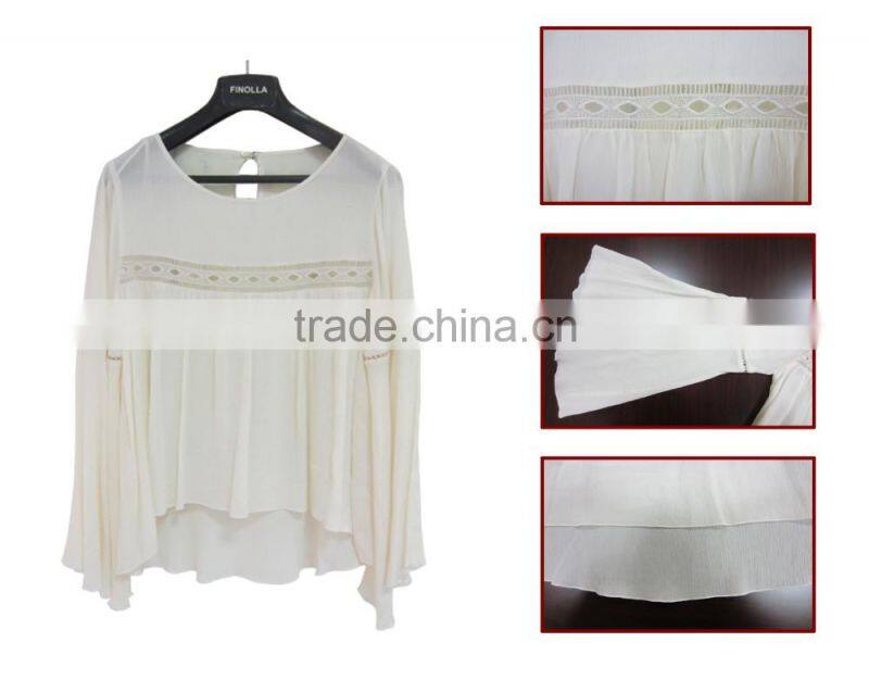 2016 new design fashion Lady white Viscose flare sleeve lace embellished blouse round neck summer loose tops for woman