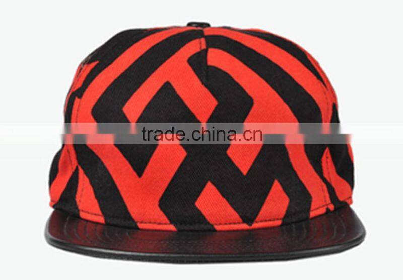 5panel 100% cotton striped leather brim snapback hats