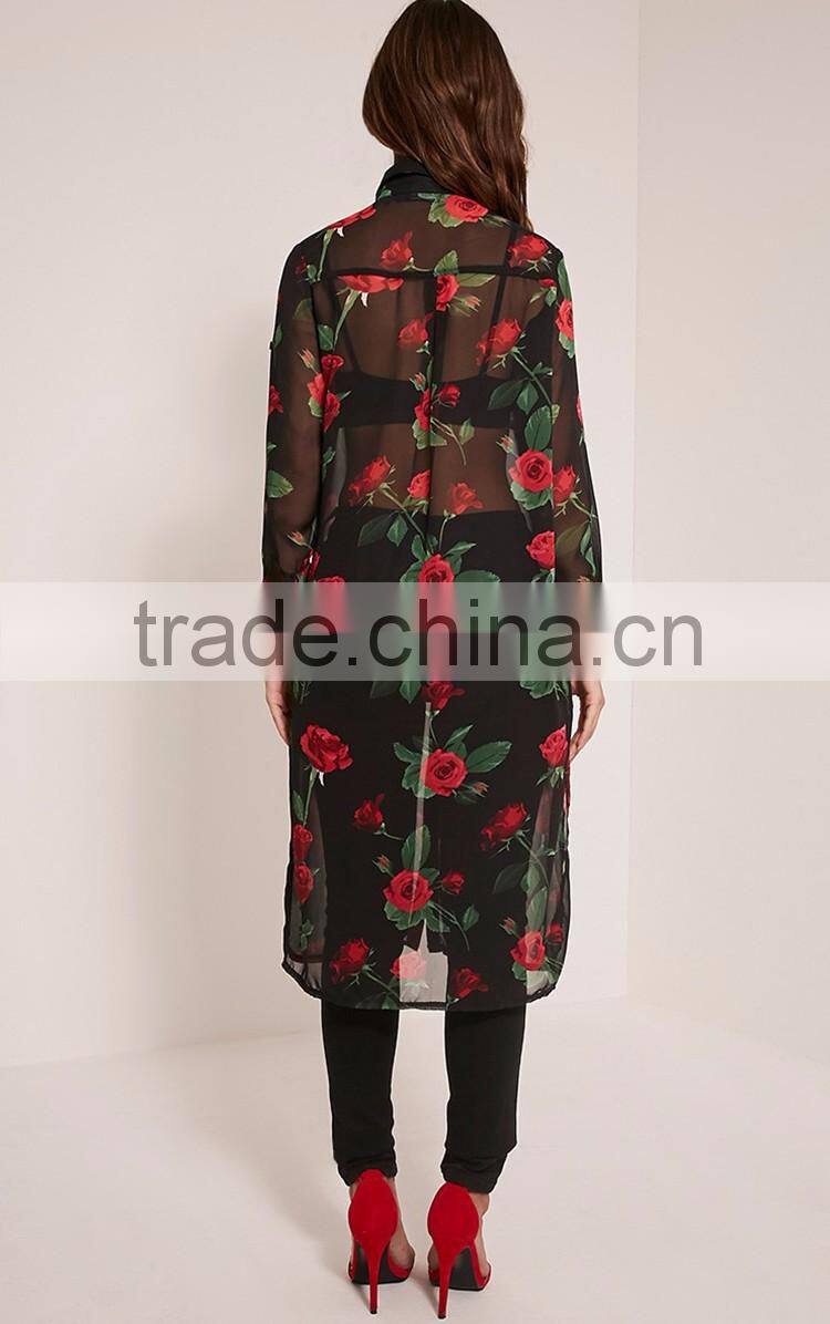 SHANGYI Fashion Black Rose Print Chiffon Longline women Blouse