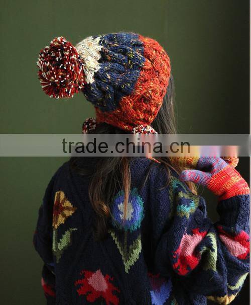 Cute Korea woolen top dye yarn knitted hat with ball top,many colors for choice