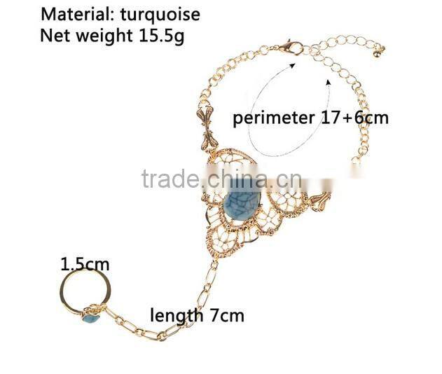 Womens Gold Slave Chain Finger Ring Bangle Hand Harness Bracelet Turquoise Beads