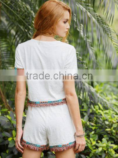 Two-piece-outfits latest fashion design women clothing White Fringe Trim Short Sleeve T-shirt With Shorts