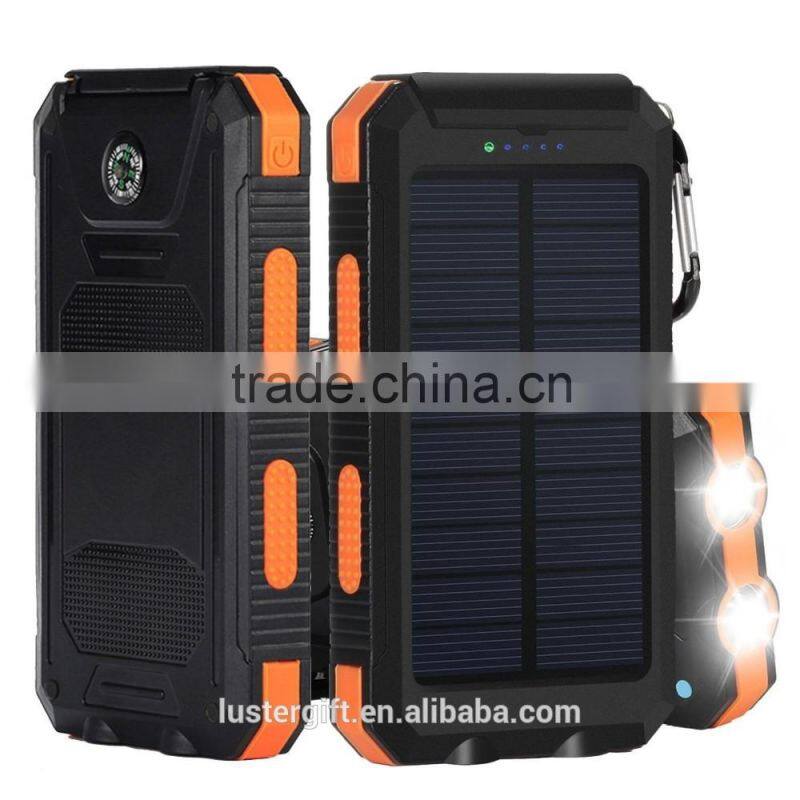 2016 Trending Products 10000mAh Lithium Polymer Battery IP67 Waterproof Solar Power Bank With Flashlight Compass for Outdoor