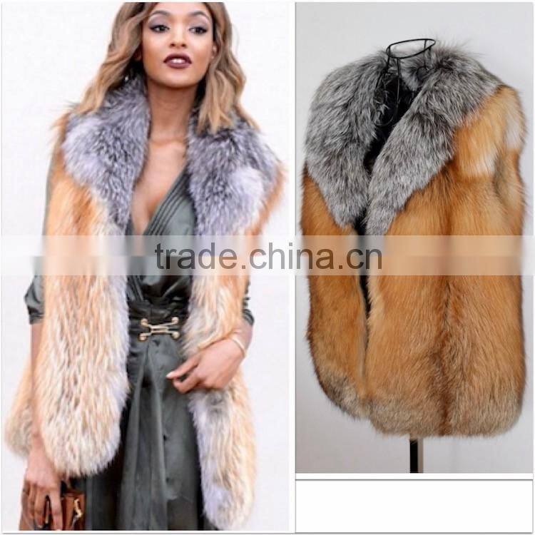 2016/2017 Retail Hot Sale Natural Red Fox Fur Vest with Silver Fox Fur Collar for Fashion Women Fur Gilet with Cheap Price