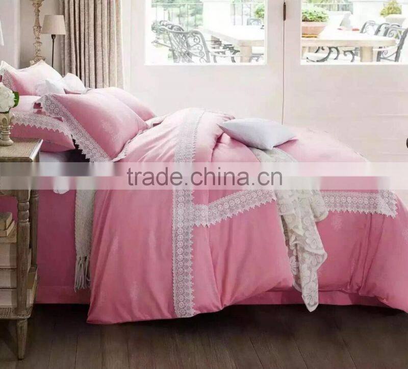 Solid color pink color bedding set bed cover set with lace