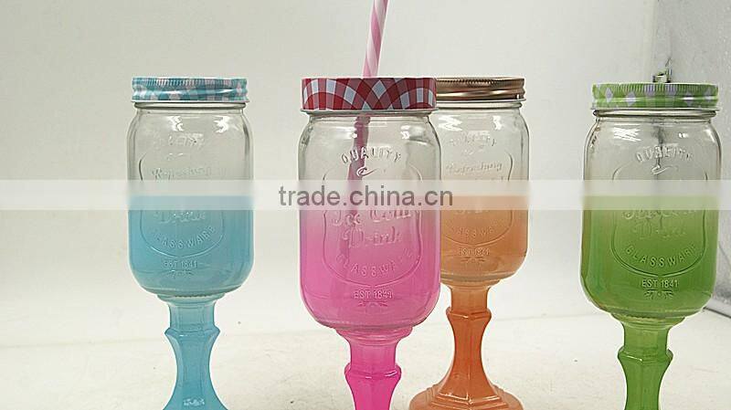 Colored Mason Jar Stitching base with metal Lid and Straws