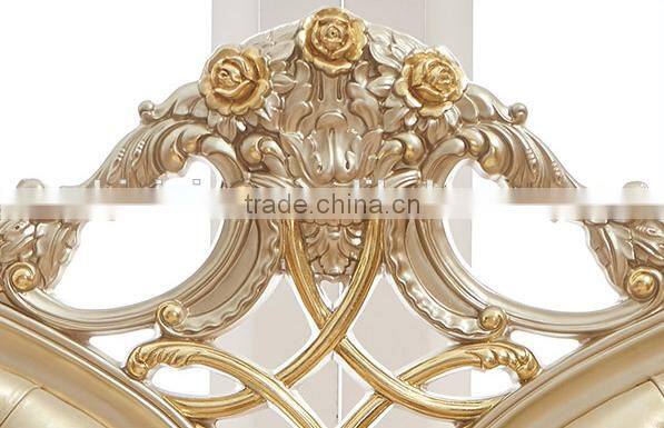 Solid wood champagne gold carving double bed with leather headboard