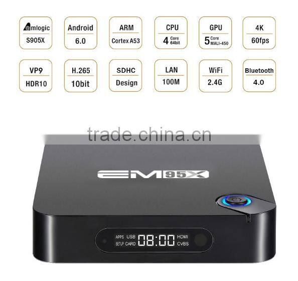 New Arrival EM95X Powerful 2GB/16GB Android 6.0 Marshmallow Quad Core TV Box, Amlogic S905X 4K TV Box For Wholesale