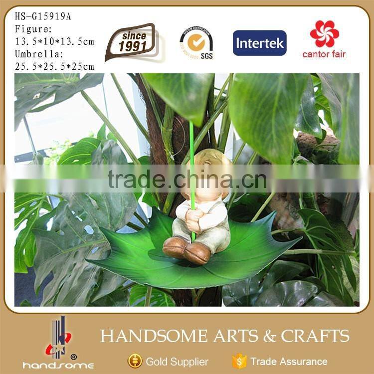 Outdoor Ceramic Child Figure and Iron Umbrella Decoration Garden Statues Metal Bird Feeder