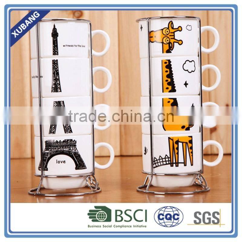 2016 New design Ceramic coffee cups set of 4pcs with metal rack for sale