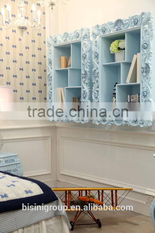 European style classic design boys light blue children wooden carved cloth art cot bed - BF07-70356