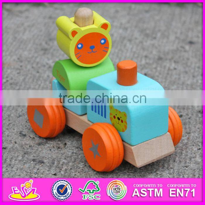 2015 Hot sale Wooden Blocks Train Set Toys Animal Vehicles Toys,Cute wooden animal blocks train toy,Pull Line Train Toy W04A066