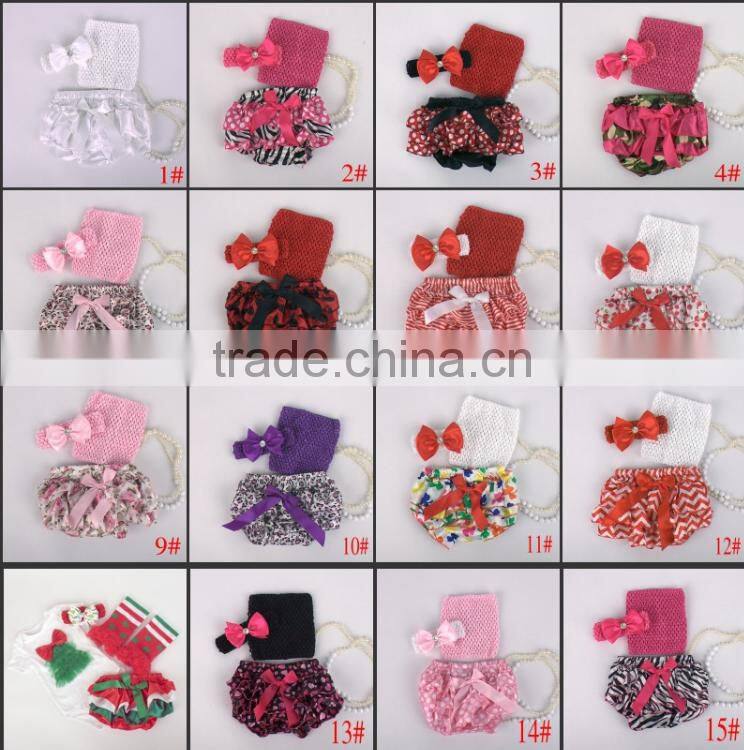 Hot sell Adorable baby diaper and crochet tube top3 sets , satin baby bloomers, baby ruffle bloomers