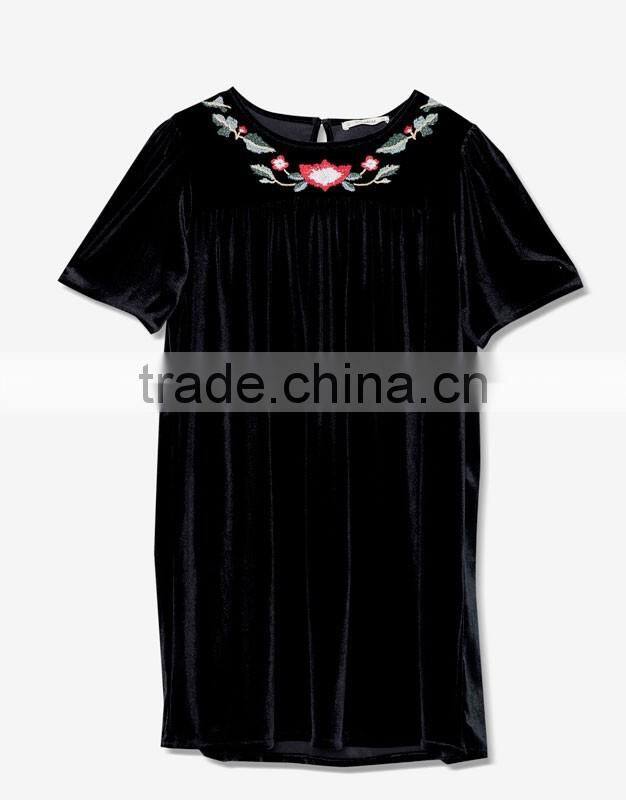 New Short Sleeve Floral Velvet Mini Dress Frock Design With Hand Embroidery Designs For Dress 2016 HSD5828