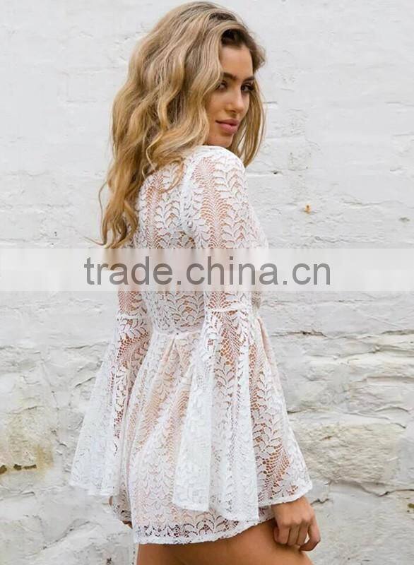 Ladies fashion white lace v neck long flare sleeve adult romper