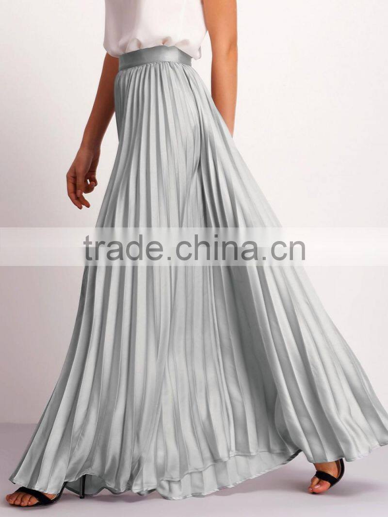 Silver Zipper Side Pleated Flare Maxi Skirt Fashionable Designs High Waist Pleated Skirt