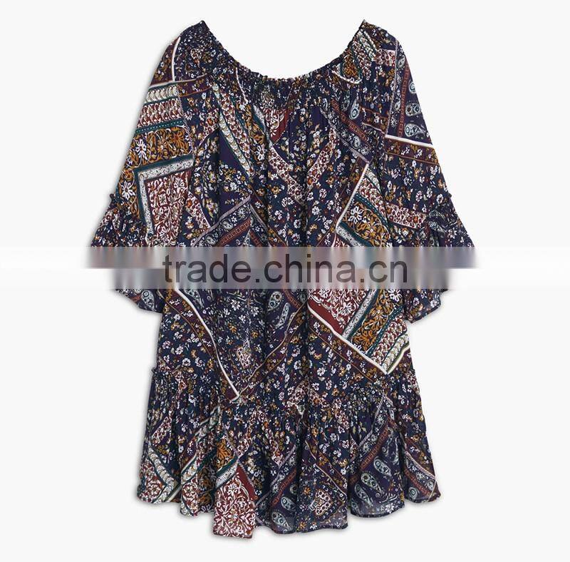 ladies printed chiffon off shoulder dress three quarter sleeve