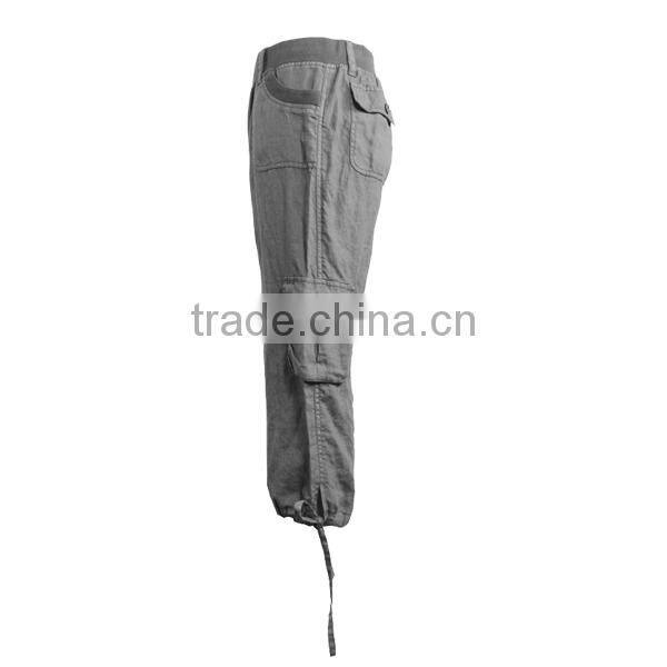 Wide waist band big pocket loose fitting drawstring embellished linen cargo pants