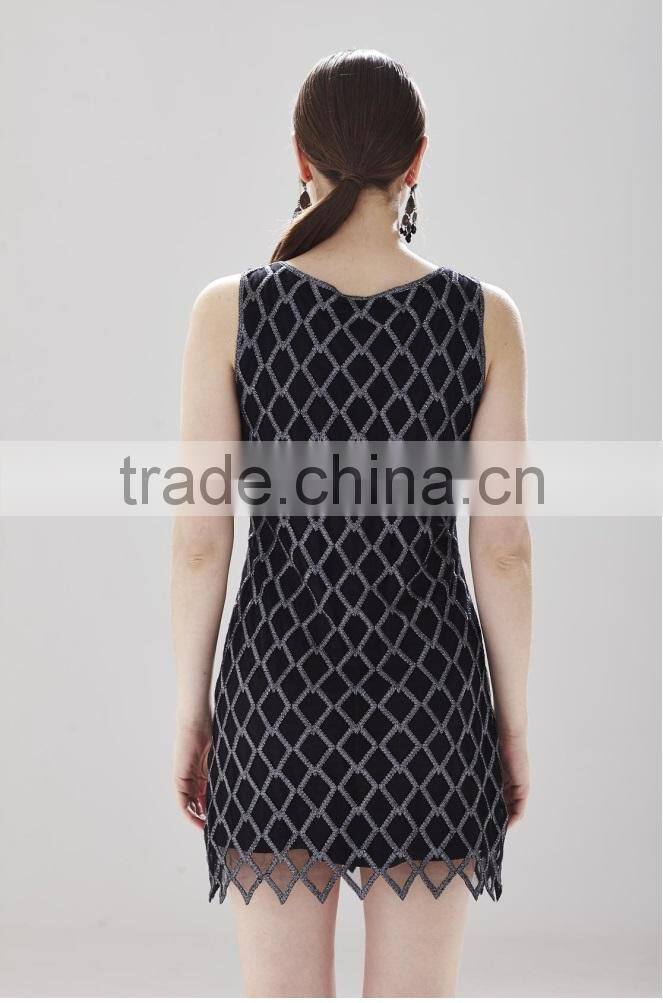 Black square pattern jagged edges cut-out crochet dress for ladies SR-D9786