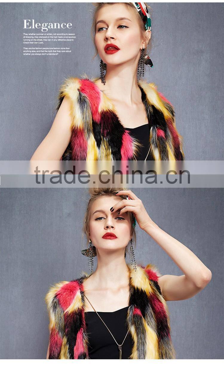 2016 Europe New design colourful warm and soft faux fox fur long coat faux fur overcoat without sleeves
