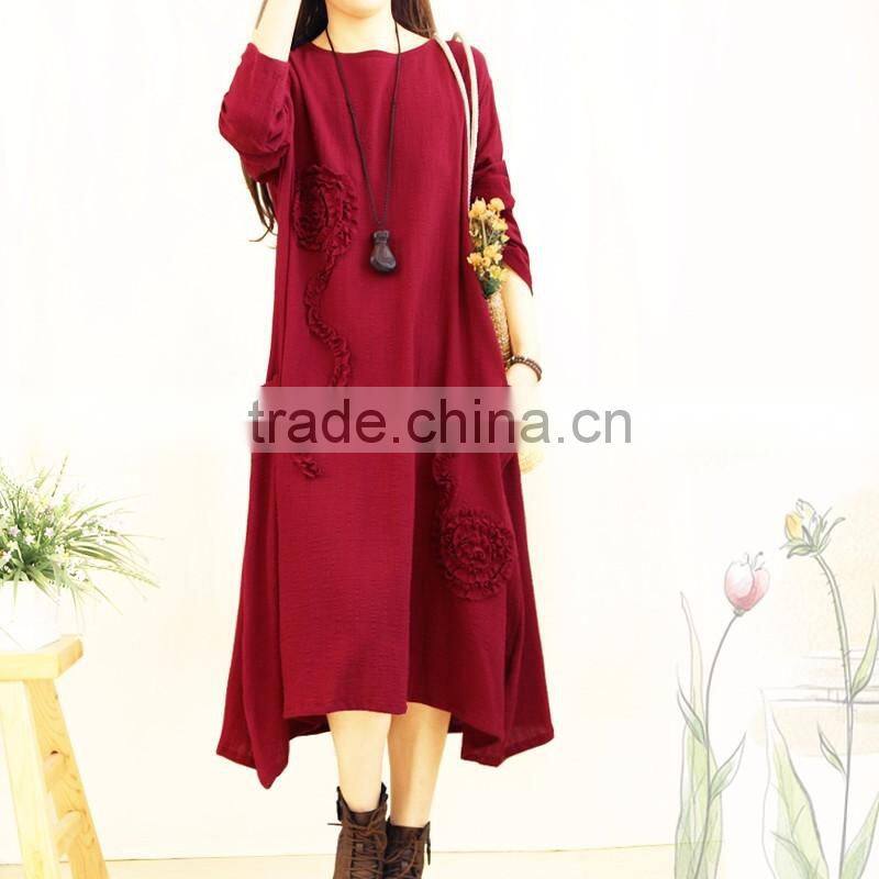 Z&M long sleeve linne dress Women solid color dress long linne dress