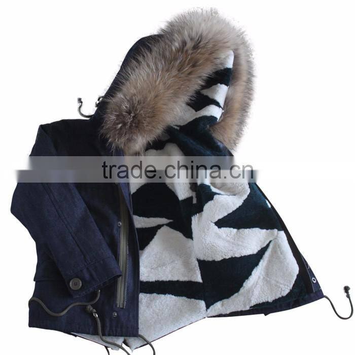 Myfur Latest Design Kids Jeans Parka With Sheep Shearing Fur Lining And Raccoon Fur Hooded Parka for Children