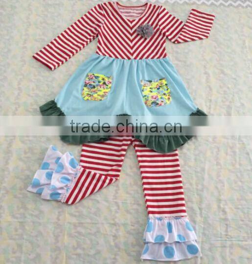 2015 EasterNew Design fashion girl Cotton Outfit With Ruffles Kids Boutique long sleeve green Outfit Baby Clothes Set