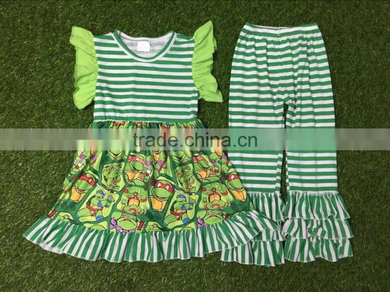 2016 Summer Girls Clothes green stripe Kids Top Suits T shirt + Capri Pants 2 PCS Boutique Short Baby Girls Clothing Sets