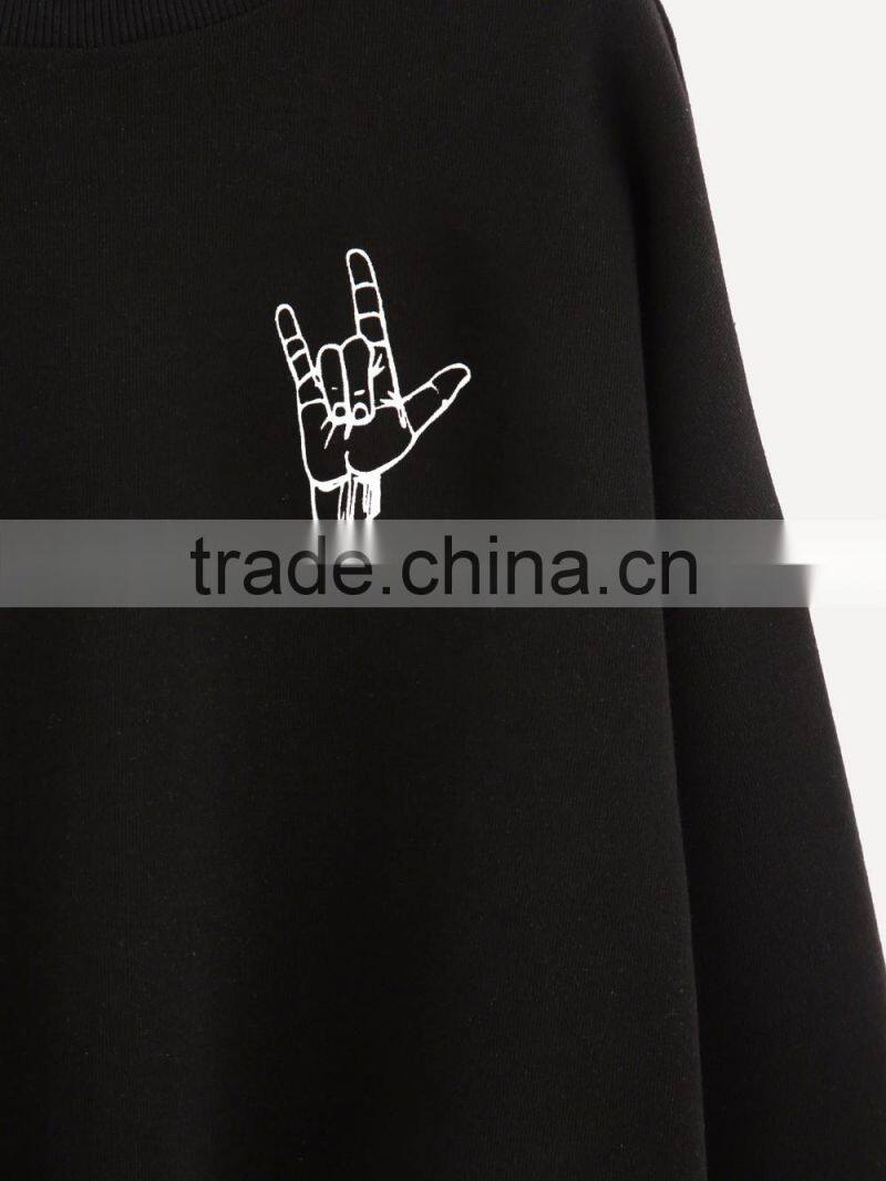 Black custom gesture printing crewneck sweatshirt wholesale women crewneck sweatshirt