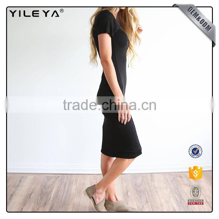 Factory supply ladies plain cotton dress designs,knee length one piece black dress,women bodycon midi dress