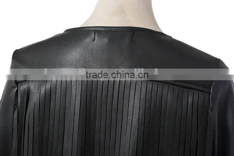 Women's pure leather lined no buttons jacket with tassels