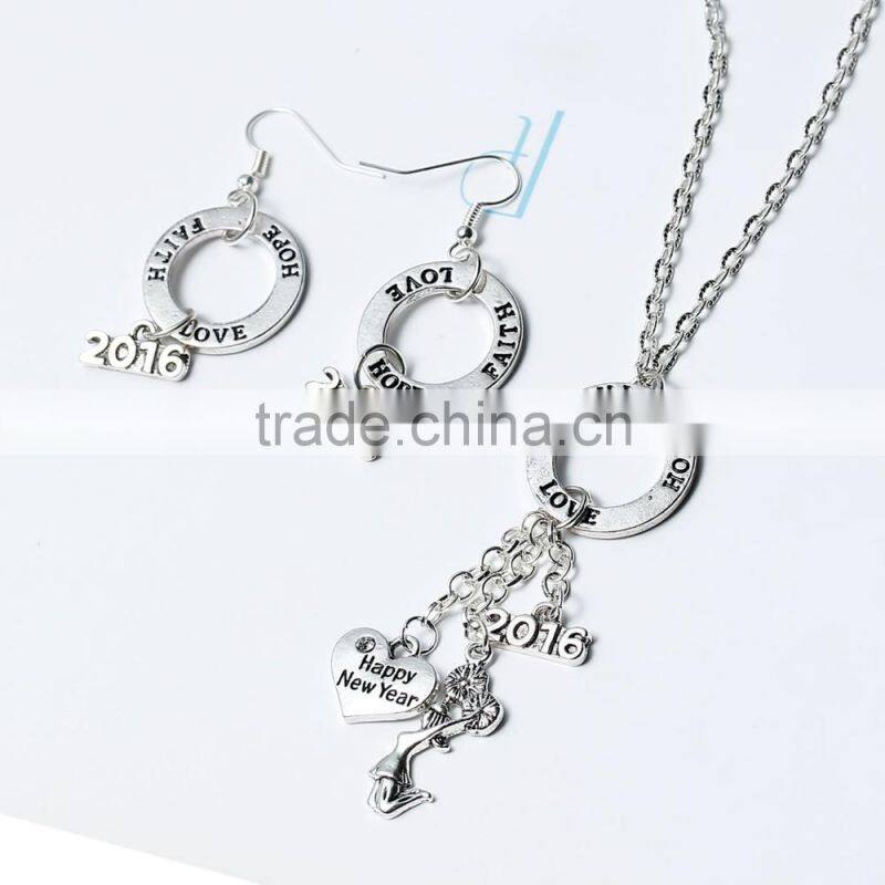 Circle Ring Antique Silver Message " FAITH LOVE HOPE " Heart "Happy New Year " 2016 Pendants Jewelry Necklace Earring Set