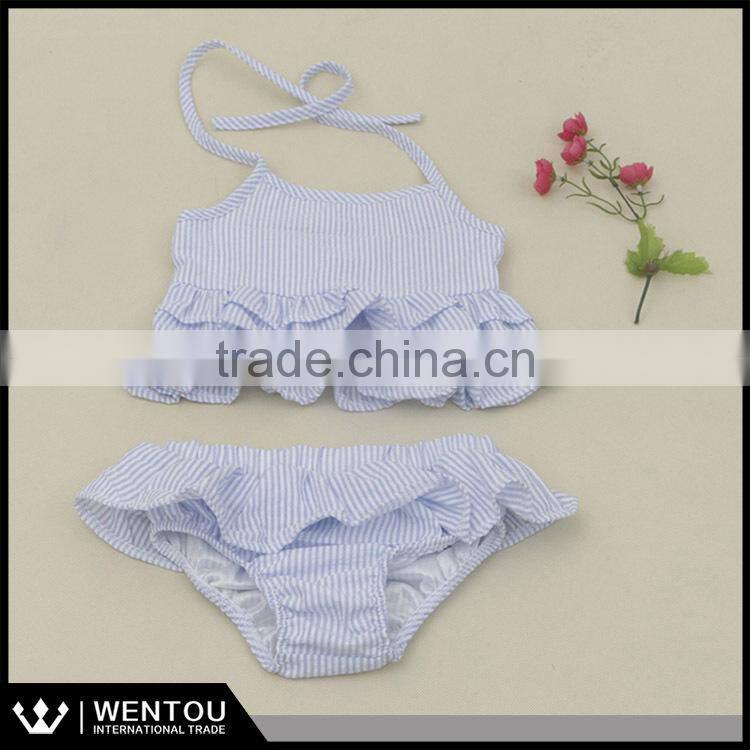 Wholesale Ruffled Kids Two Piece Seersucker Swimsuit