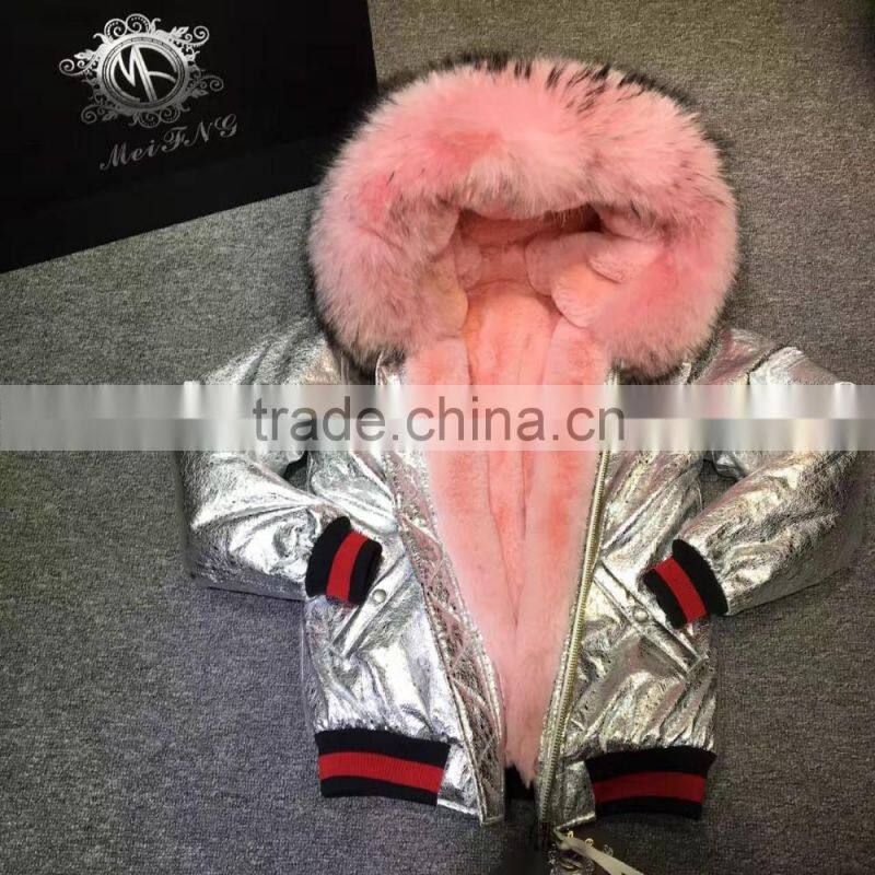 2017 Winter Fashion Sliver Leather Jacket With Pink Faux Fur Lined Leather Wear