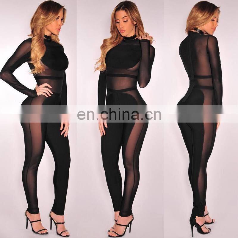 2016 Sexy black Gauze jumpsuits long sleeve bandgae jumpsuits through jumpsuits
