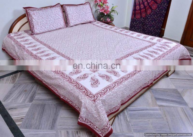 Bed Sheet With Pillow Covers Handmade Paisley Hand Block Printed Queen Bed Cover Cotton Bedding