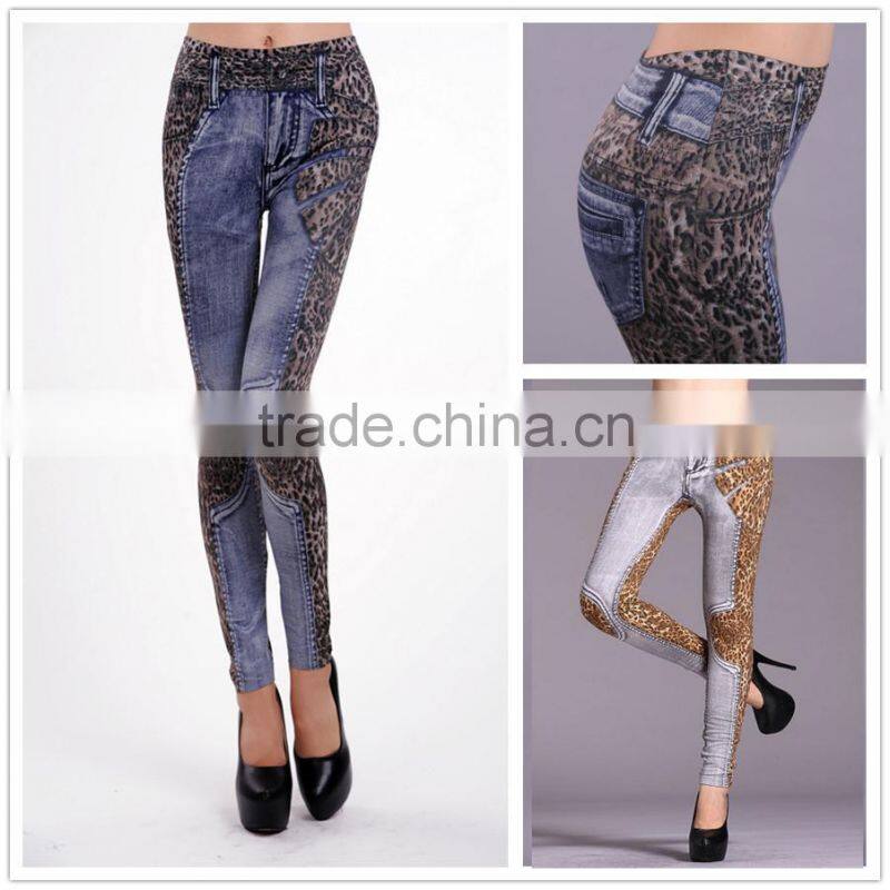 2016 Fashion Leopard Print Denim Stitching Design Women Skinny Denim jeans