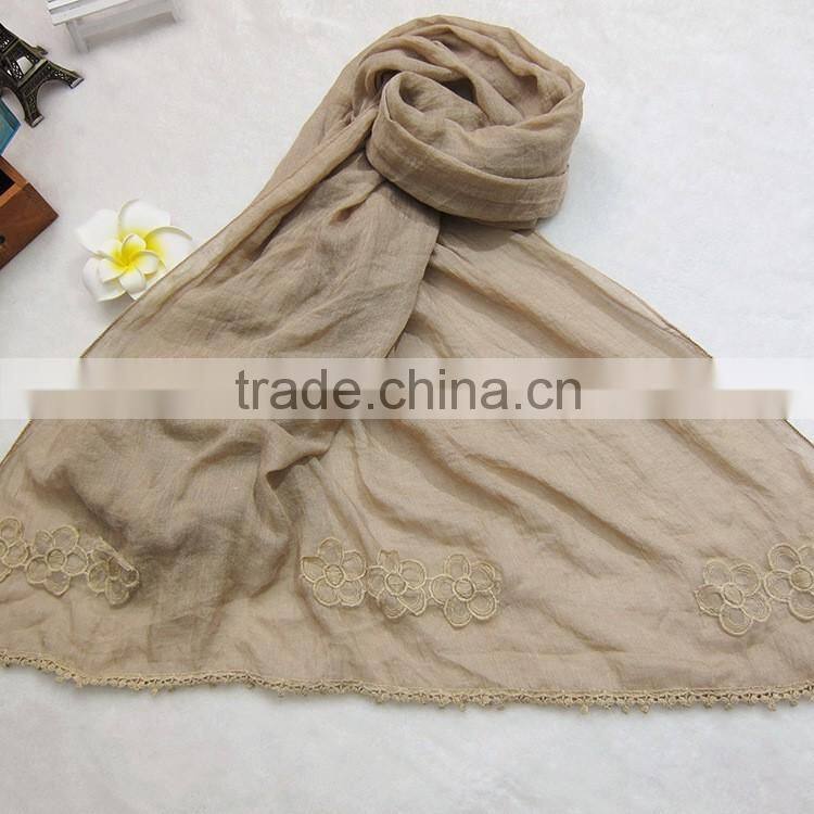 Wholesale Plain Cotton Linen Flower Embroidery Designs Ladies Scarves