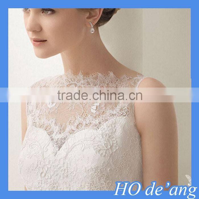 HOGIFT Simple word shoulder sexy lace wedding dress,Printed Flowers Luxurious Long Train Wedding Dress